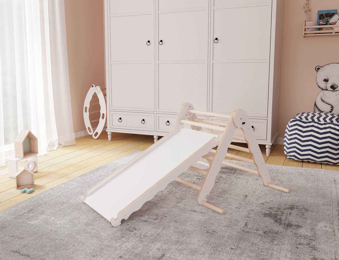 MAMOI® Indoor climbing triangle with slide for kids, Baby climbing frame, Wooden toddler gym for children outside and outdoor, Frames and slides, montessori toys for toddlers age 1-3-4