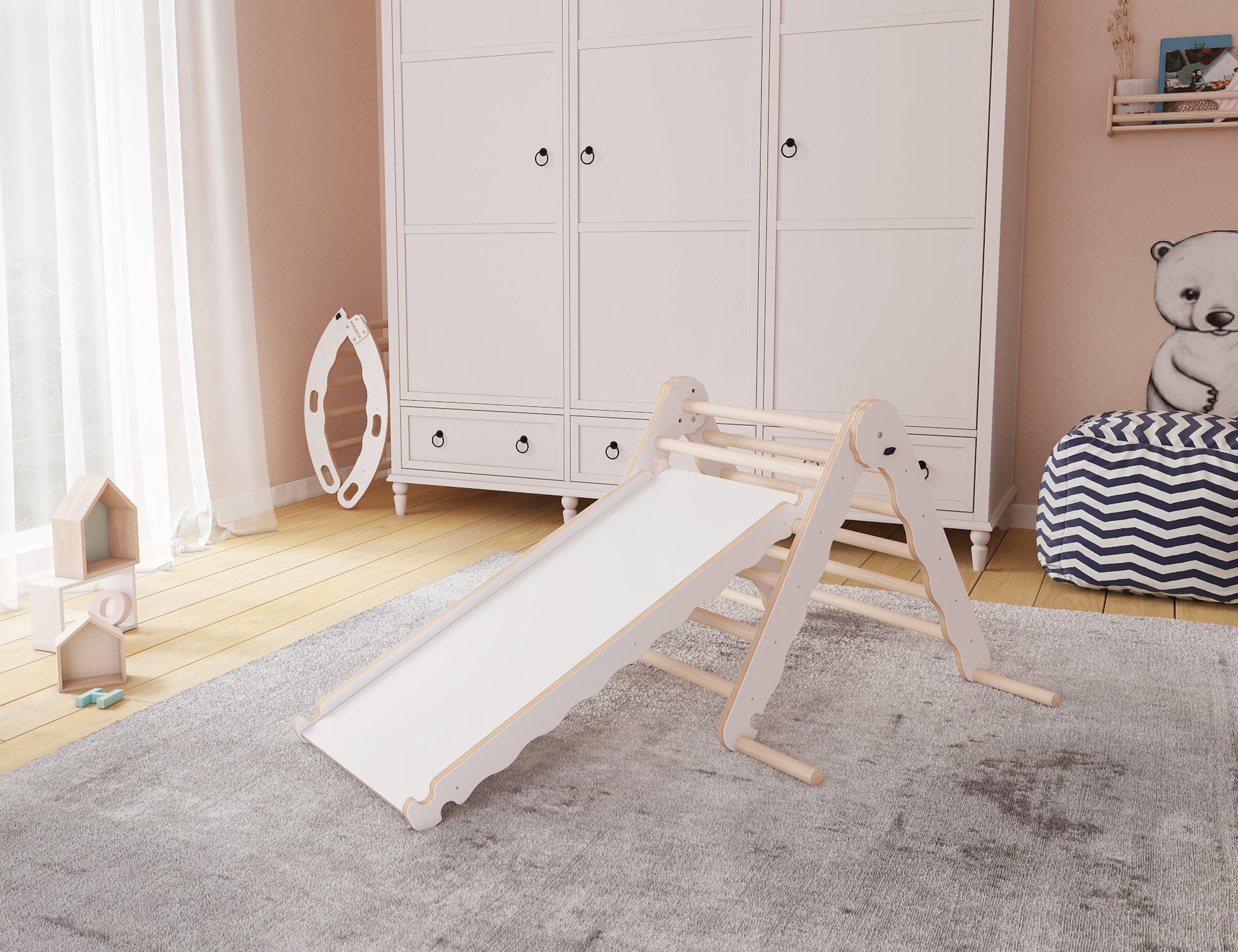 MAMOI® Indoor climbing triangle with slide for kids, Baby climbing frame, Wooden toddler gym for children outside and outdoor, Frames and slides, montessori toys for toddlers age 1-3-4