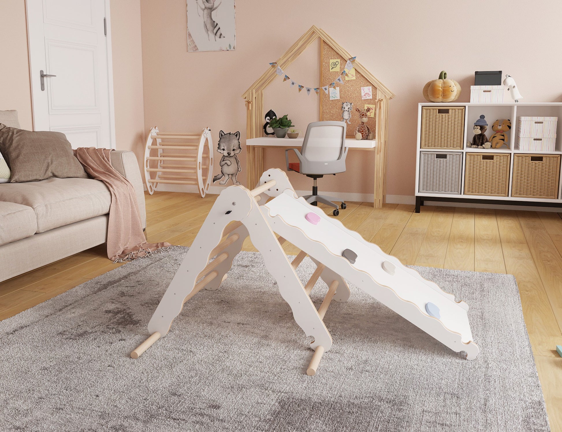 MAMOI® Indoor climbing triangle with slide for kids, Baby climbing frame, Wooden toddler gym for children outside and outdoor, Frames and slides, montessori toys for toddlers age 1-3-5
