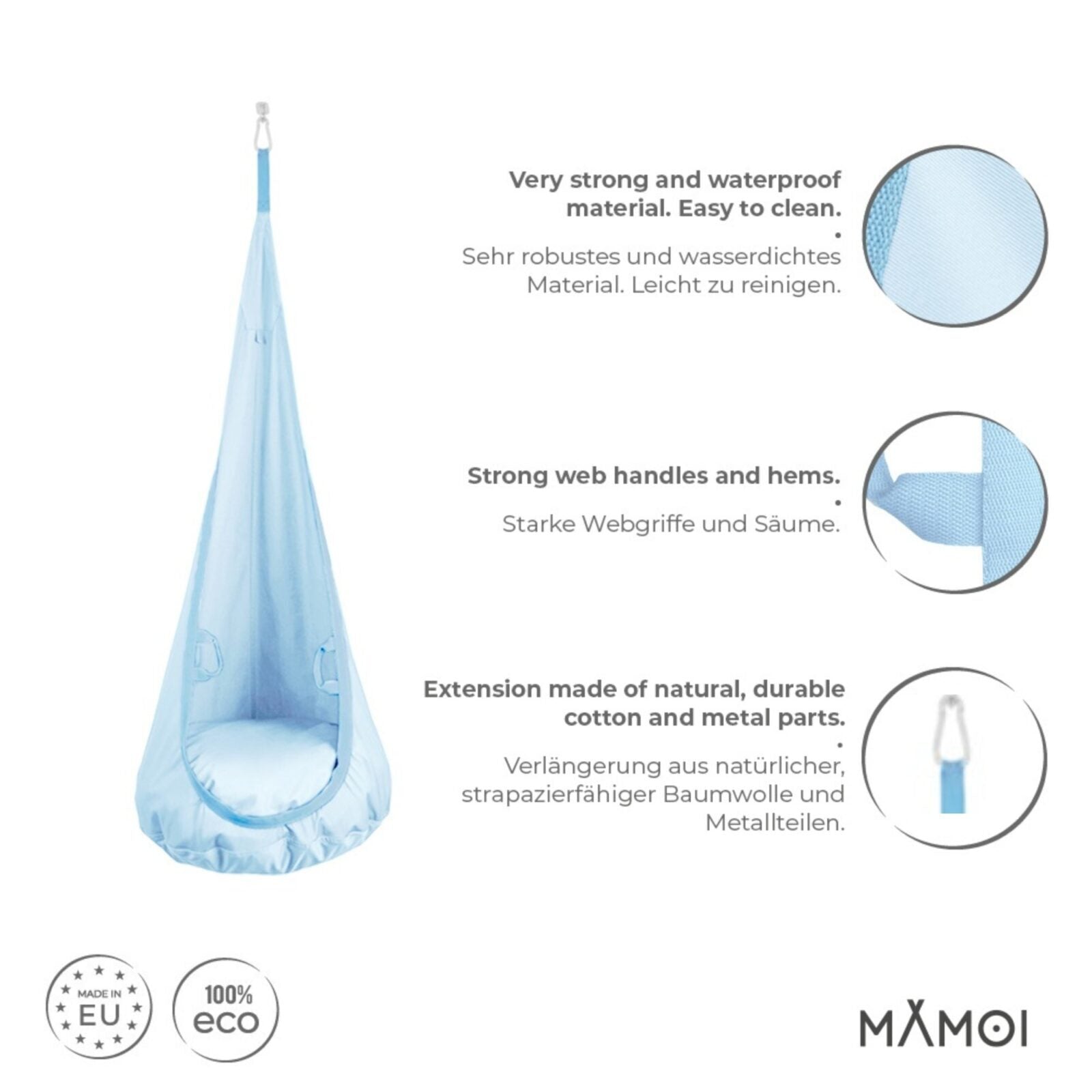 MAMOI® Swing hanging chair Blue, Indoor hammock, Sensory swing seat for bedroom for kids, Child door swinging nest for autism, Garden egg swings for children-2
