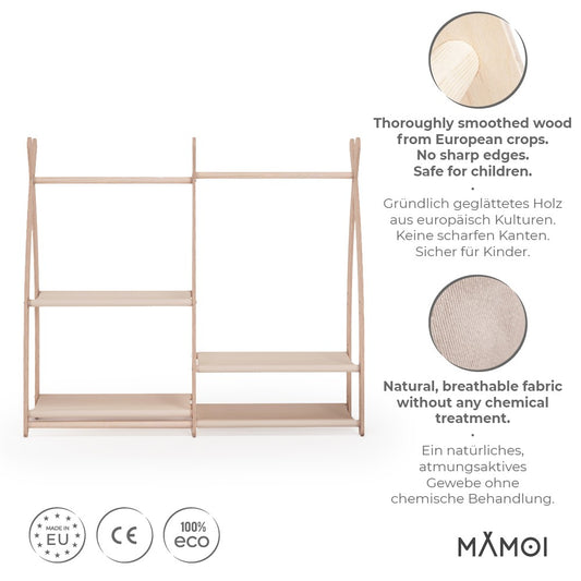 MAMOI® Children clothes rail Beige 95x106x32cm | Dressing up rail for kids made of natural wood | Baby wardrobe clothes storage modern design | Baby accessories | 100% ECO | MADE in EU-1