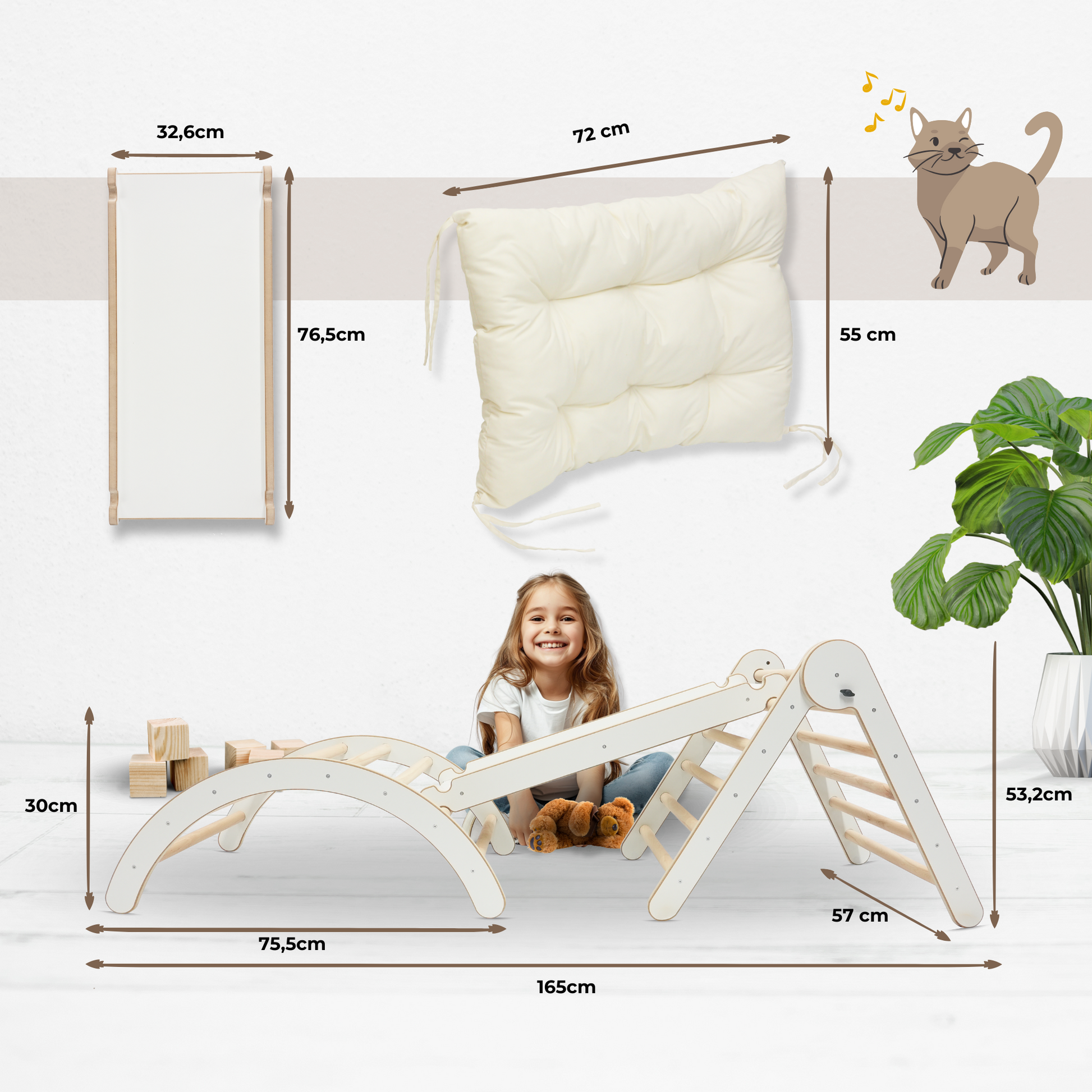 MAMOI® Structure d'escalade Triangle d'escalade Indoor 4 en 1 SET. Arche d'escalade Montessori avec coussin, aire de jeux intérieure 1-3 ans et toboggan pour enfants.-1
