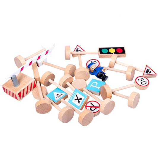 Holz-Verkehrsschilder-Set für Kinder – 15-teiliges Lern- und Rollenspiel-Set | Umweltfreundliche Verkehrsspielzeuge mit Polizistenfigur