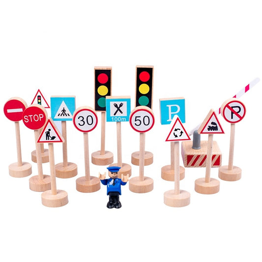Holz-Verkehrsschilder-Set für Kinder – 15-teiliges Lern- und Rollenspiel-Set | Umweltfreundliche Verkehrsspielzeuge mit Polizistenfigur