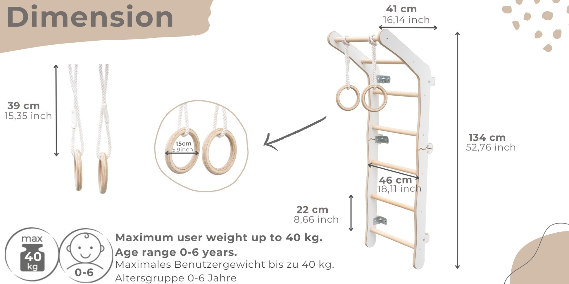 MAMOI® Swedish ladder, Wooden gorilla gym for kids, Indoor baby climbing frame for toddlers, Monkey bars and play gym, Childrens climbing wall, Gymnastics bar and equipment for home-1