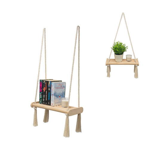 MAMOI® Wooden wall shelf Boho Hanging shelf Hand-woven macramé Floating shelf Wall decor Plant stand for kitchen Bedroom Living room-0