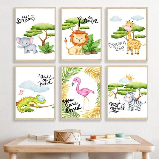 Poster Kinderzimmer Dschungel Tiere Zeichentrick I Kinderzimmer Bilder I Wand Deko I Kunst Druck I Deko Print I ohne Rahmen-0