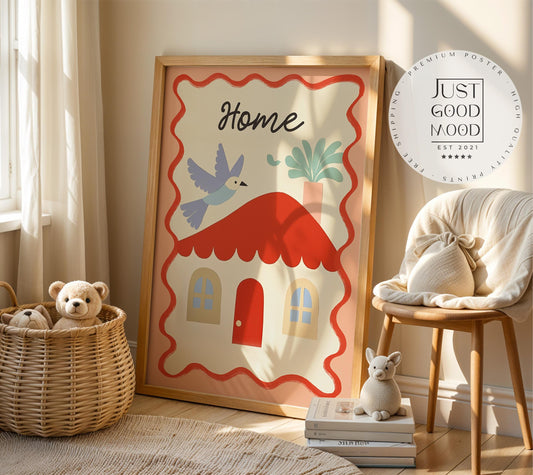 Poster Kinderzimmer Haus · Home mit Vogel & Pflanze · Liebevolles Wandbild · Sanfte Farben · Deko Print ohne Rahmen-0
