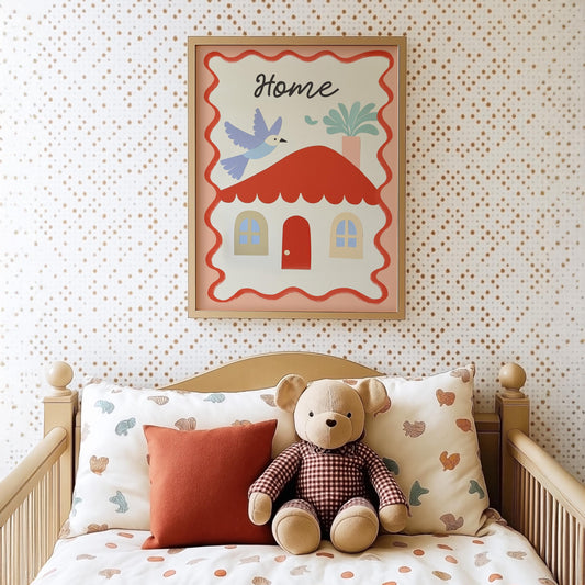 Poster Kinderzimmer Haus · Home mit Vogel & Pflanze · Liebevolles Wandbild · Sanfte Farben · Deko Print ohne Rahmen-1