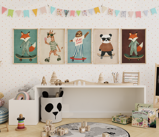 Skateboard Waldtiere Poster Kinderzimmer · Geschenkidee für Kinder · Fuchs Panda Bär Giraffe Faultier · Kinderzimmer Deko · Deko Print ohne Rahmen-0