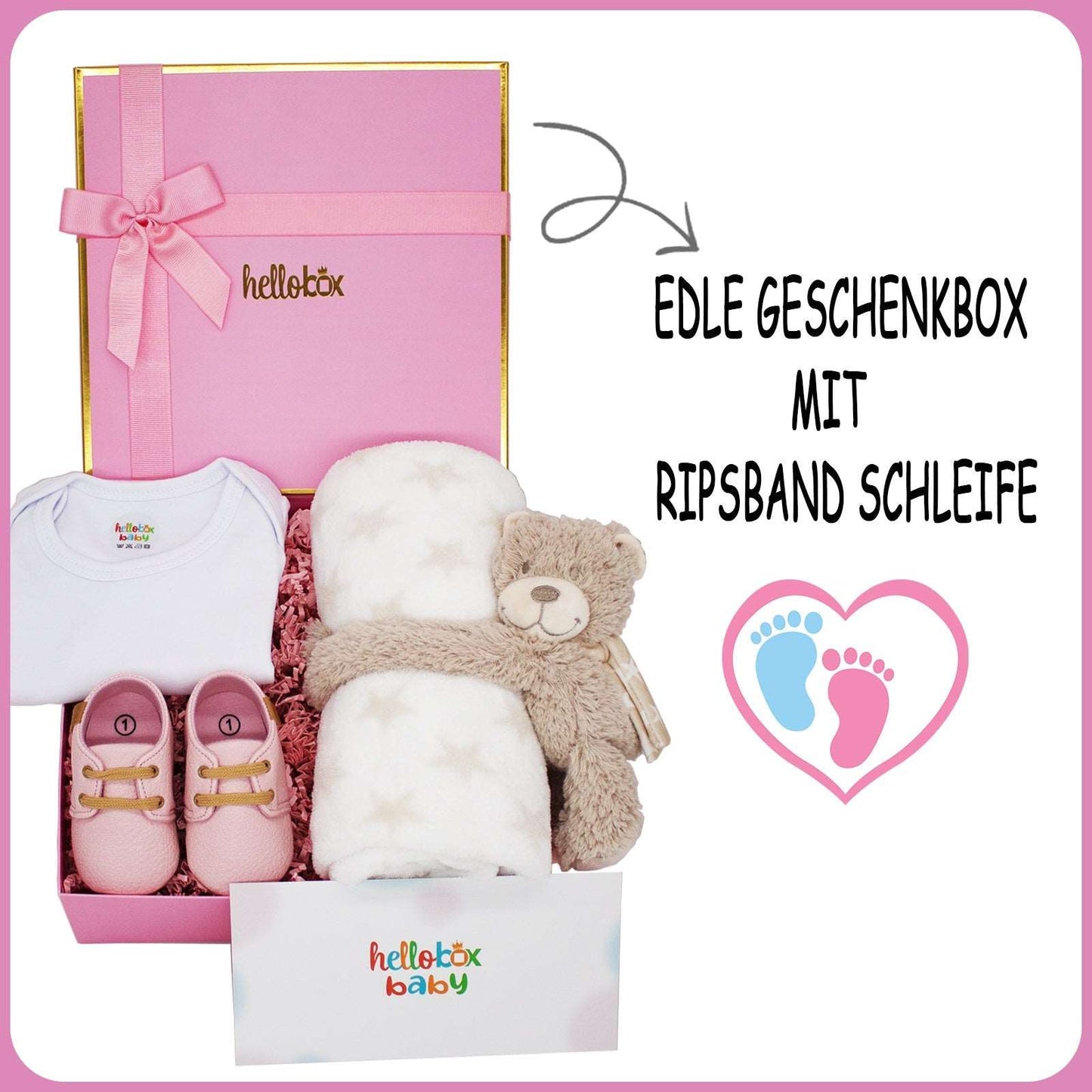 HelloBox Baby Geschenkset zur Geburt für Mädchen – Strampler, Decke & Lauflernschuhe