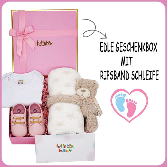 HelloBox Baby Geschenkset zur Geburt für Mädchen – Strampler, Decke & Lauflernschuhe